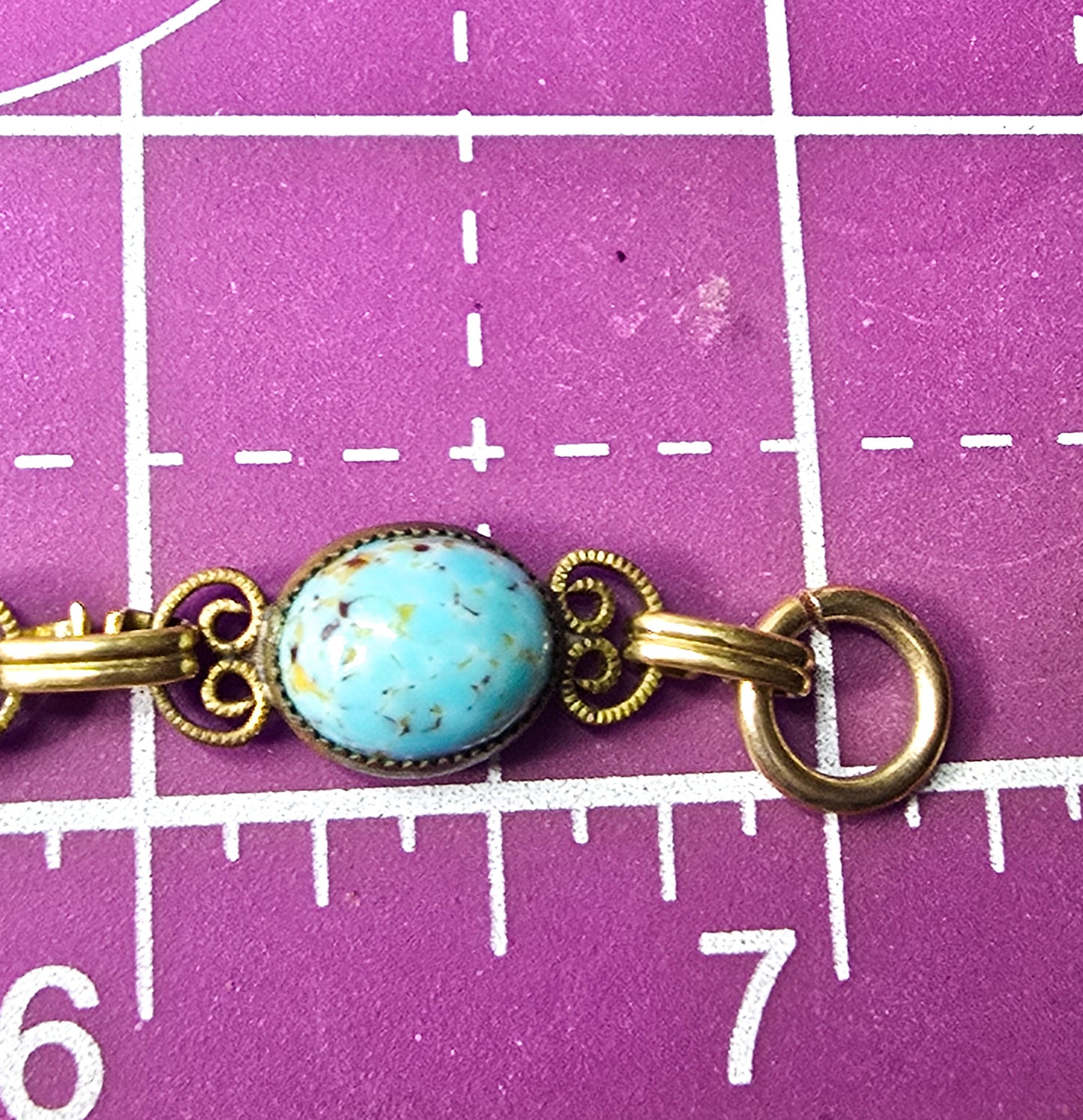 Robin's egg blue glass white cat's eye gold toned vintage mid century bracelet
