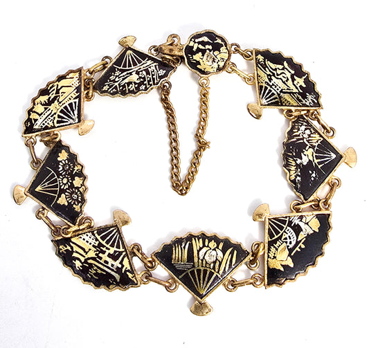 Japanese Damascene fan necklace Amita jewelry Vintage panel bracelet