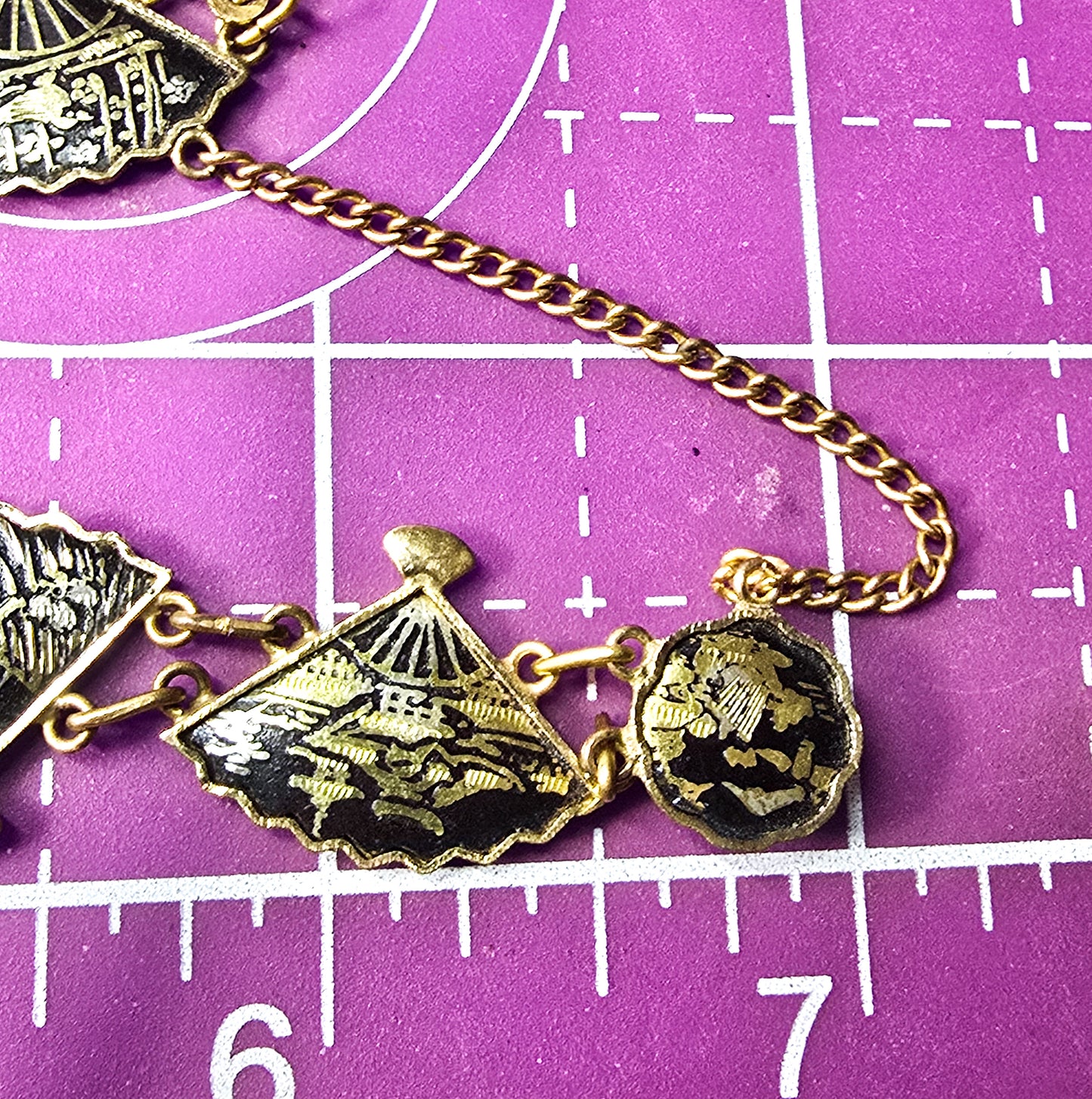 Japanese Damascene fan necklace Amita jewelry Vintage panel bracelet