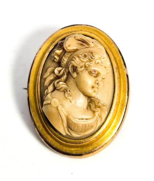 Victorian Carved Lava cameo antique small gold filled  high relief cameo brooch