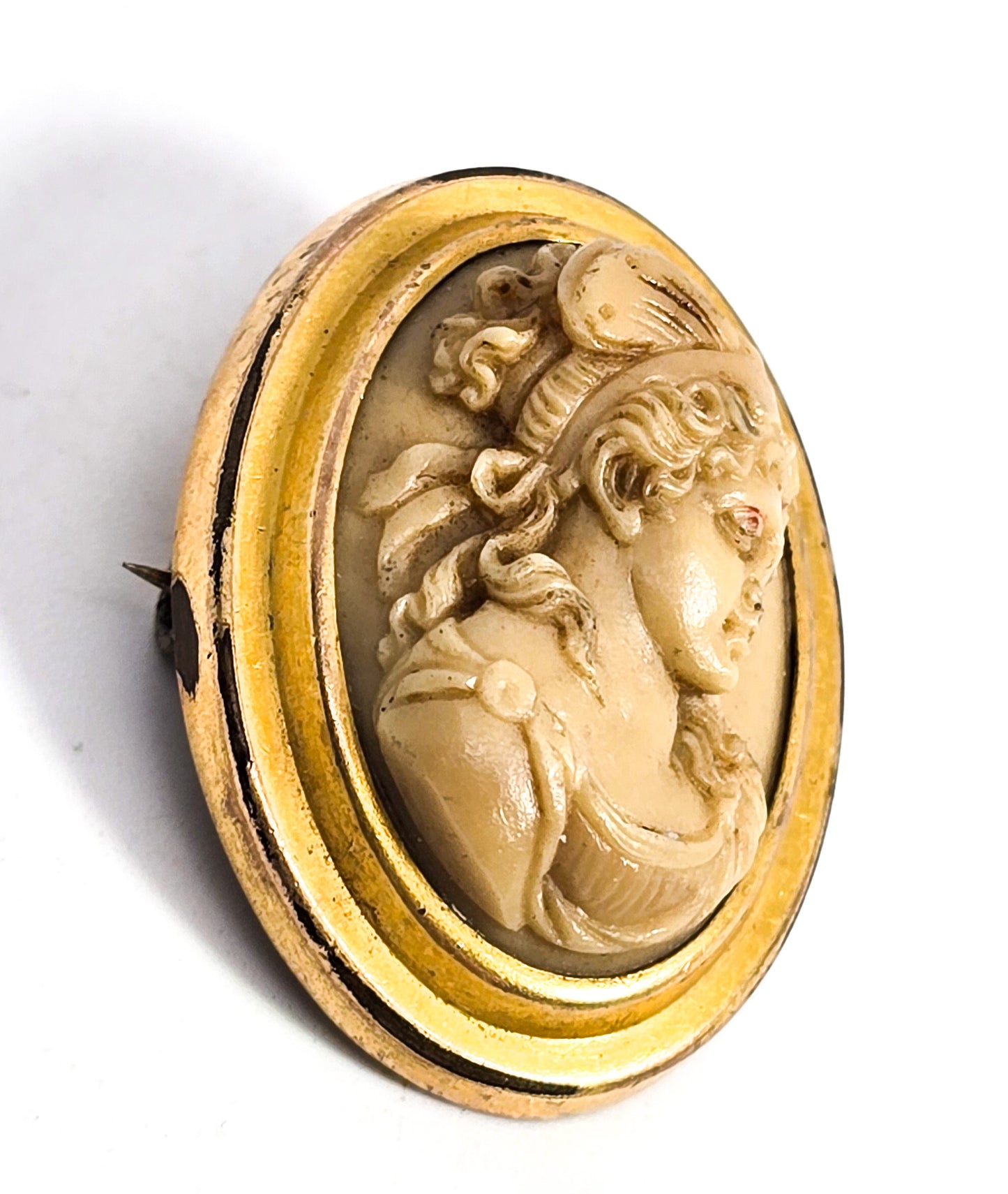 Victorian Carved Lava cameo antique small gold filled  high relief cameo brooch