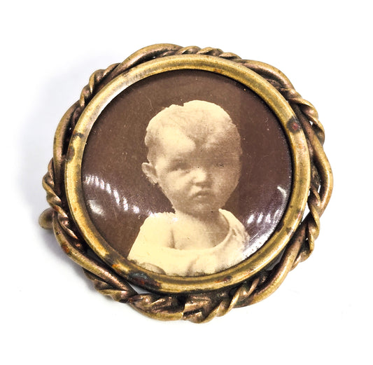 Victorian Memento Mori Tin Baby Child children antique Mourning brooch pin