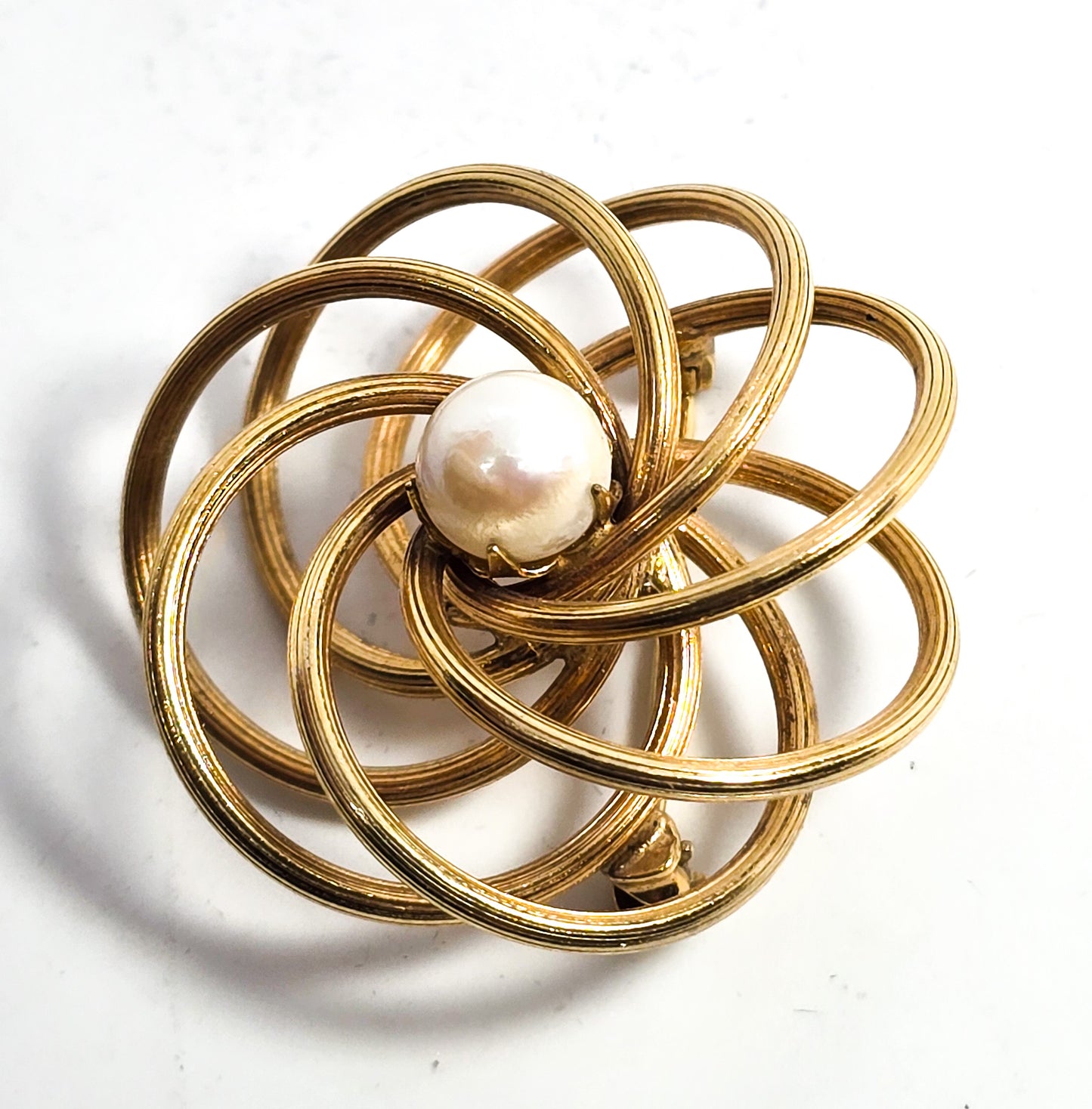 Anson Pearl 12k GF gold filled vintage atomic swirl brooch