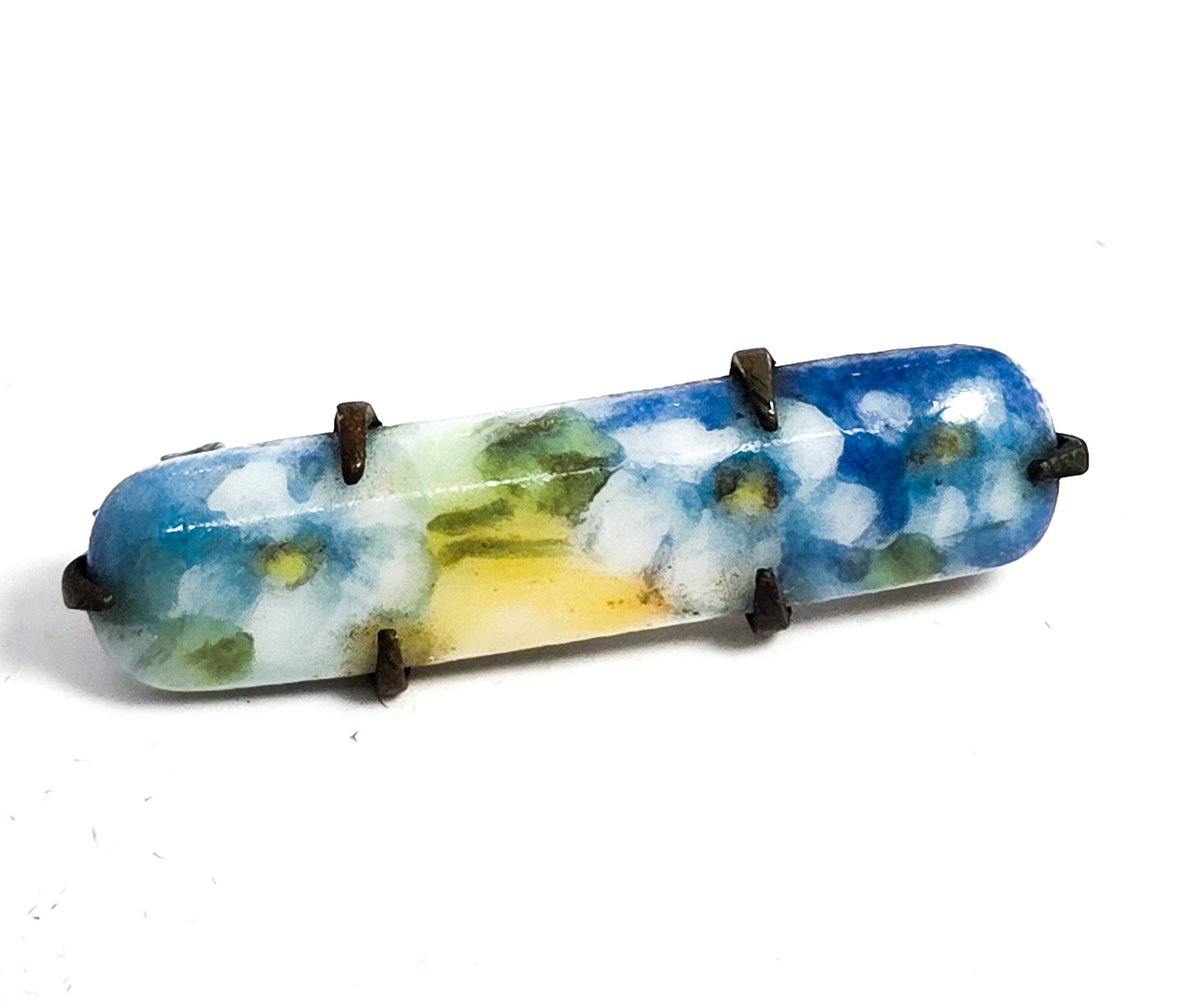 Blue Forget me Not Painted Porcelain bar pin antique Victorian brooch lingerie