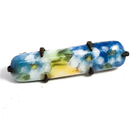 Blue Forget me Not Painted Porcelain bar pin antique Victorian brooch lingerie