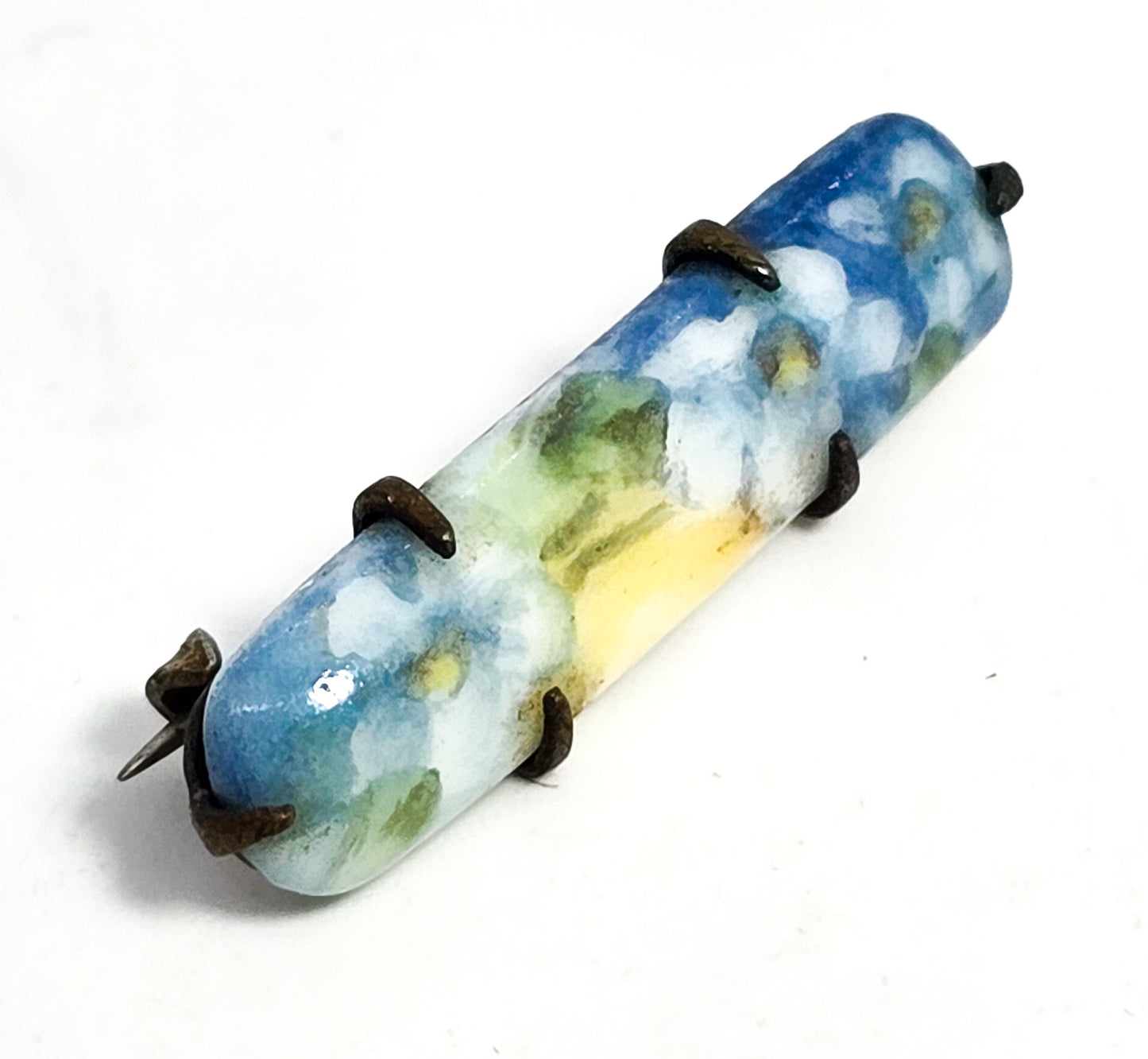Blue Forget me Not Painted Porcelain bar pin antique Victorian brooch lingerie