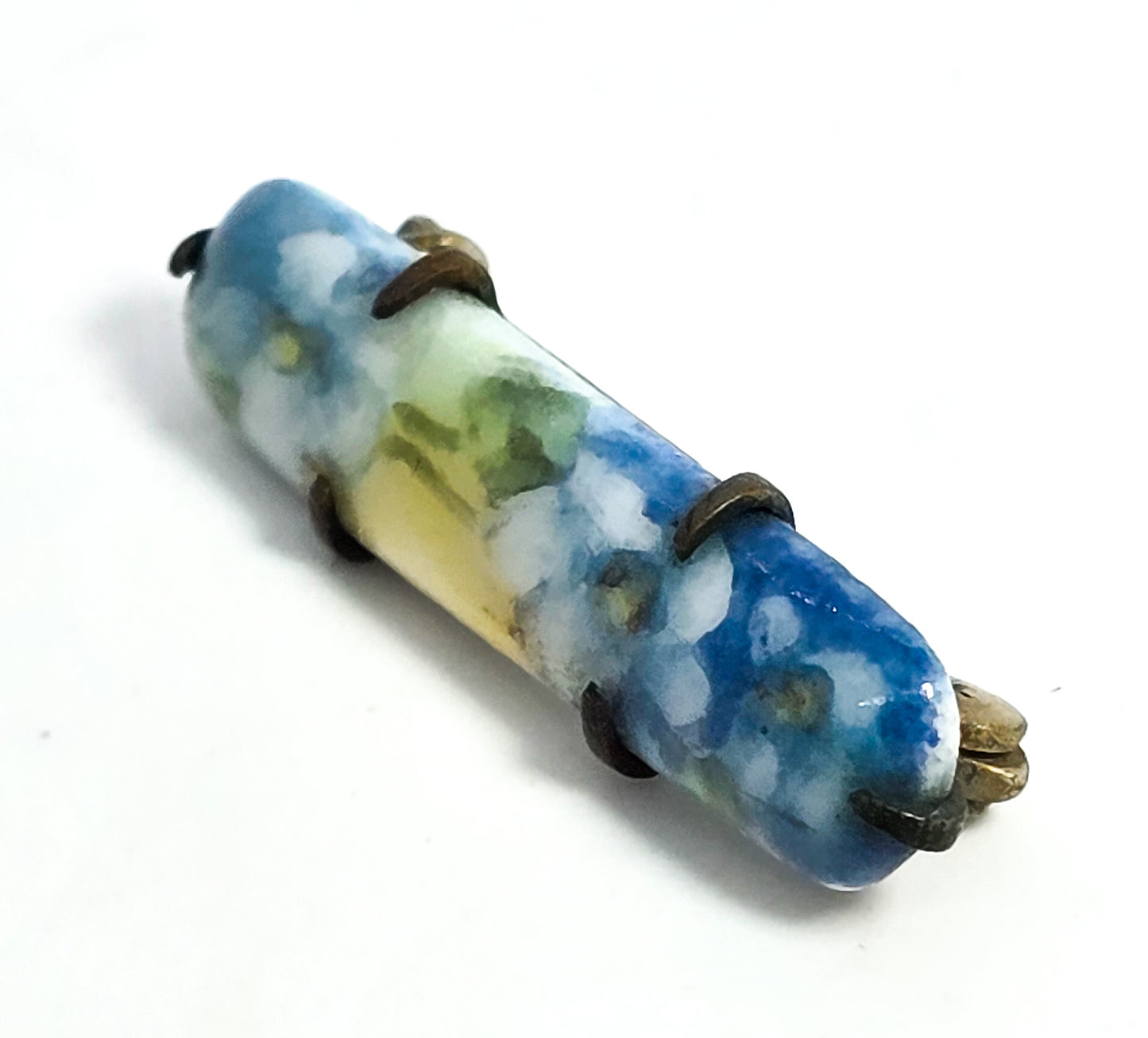 Blue Forget me Not Painted Porcelain bar pin antique Victorian brooch lingerie