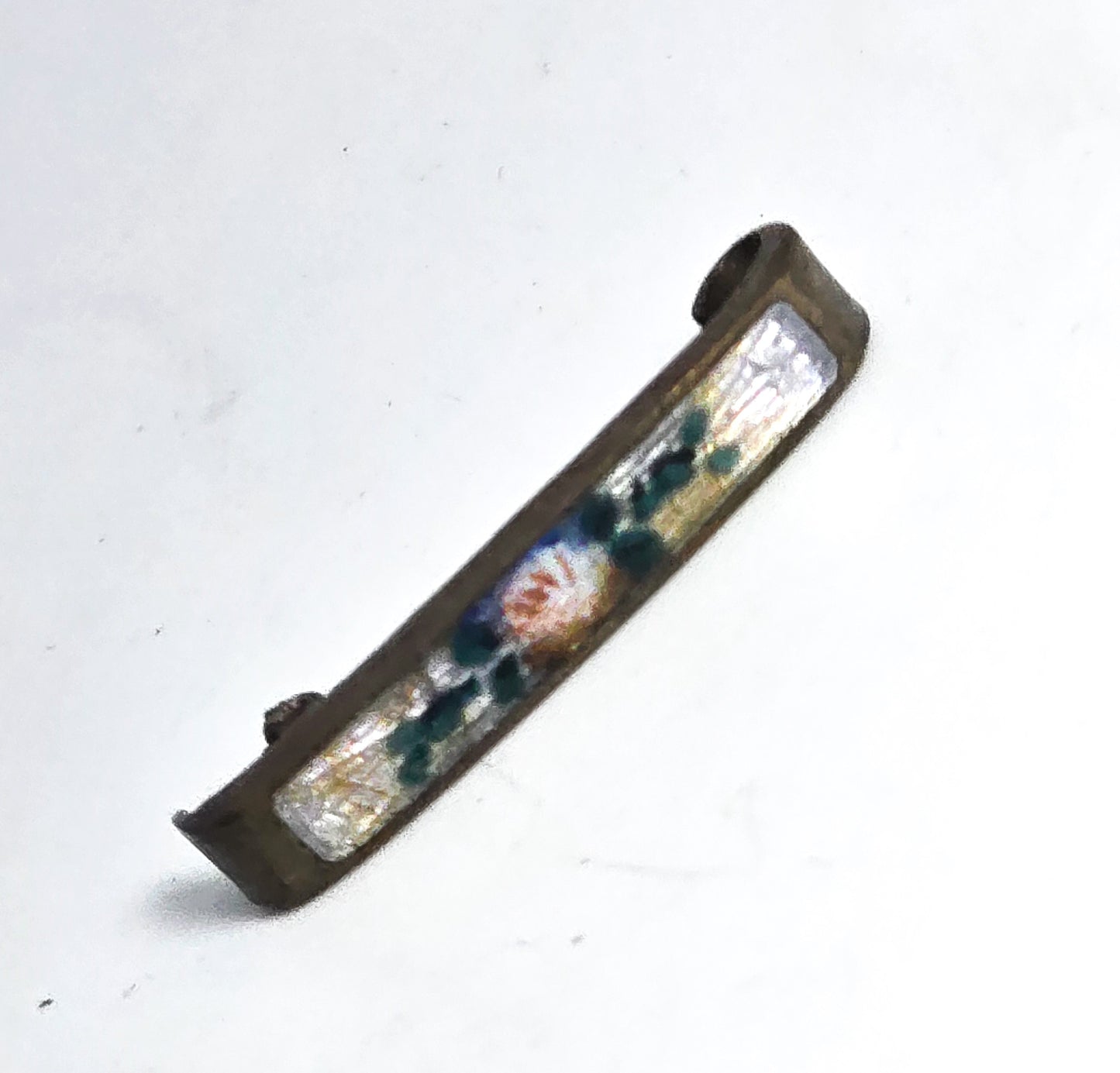 Art Deco small Guilloche enamel pink rose flower antique bar pin lingerie brooch