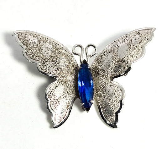 W. E. Richards blue rhinestone butterfly sterling silver rhodium plated vintage brooch