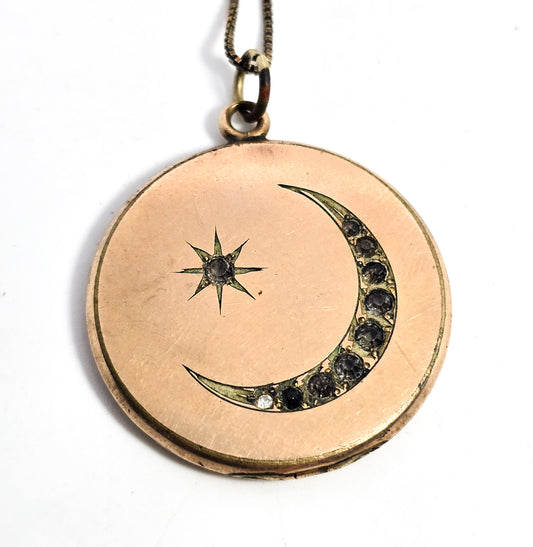 Wightman & Hough Co. antique gold filled crescent moon etched locket necklace W&H