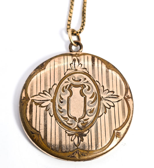 Art Deco AMCO antique gold filled large etched photo locket necklace
