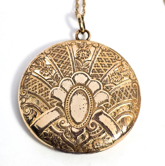 H A & Co Art Deco antique gold filled large etched photo locket necklace