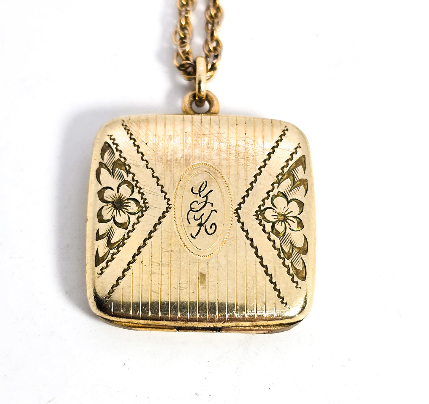 Pittman & Keeler vintage P&K gold filled square etched photo locket necklace