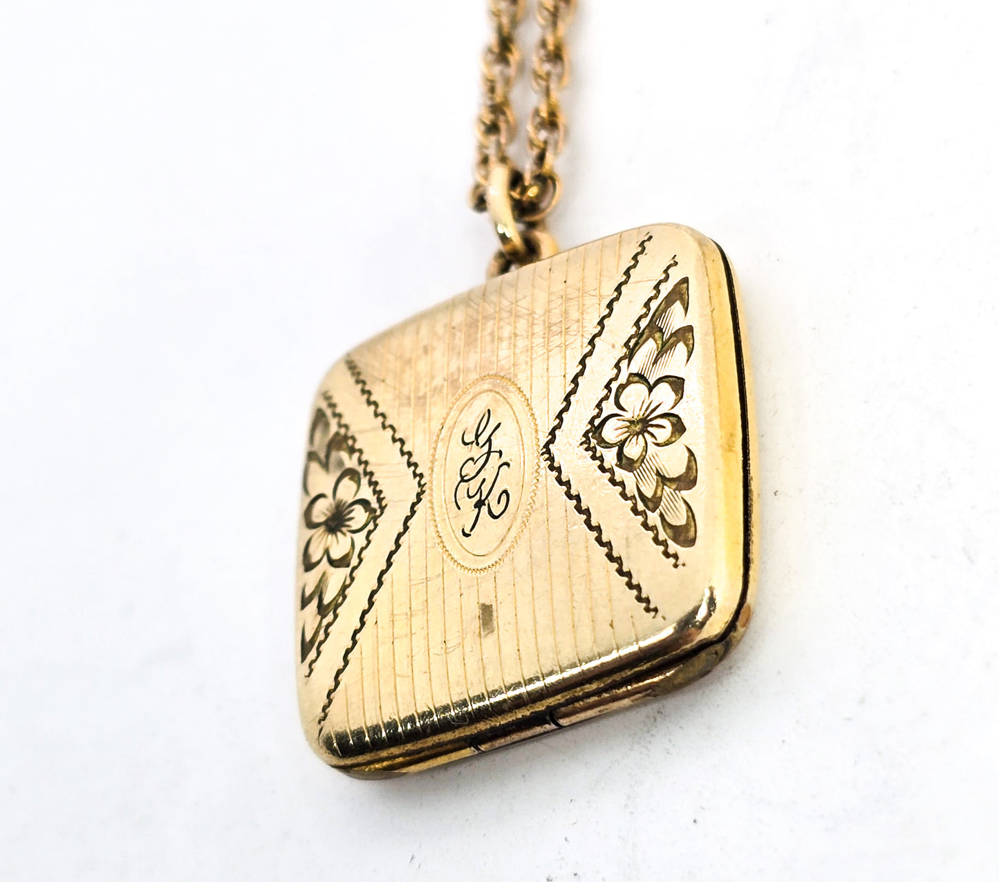 Pittman & Keeler vintage P&K gold filled square etched photo locket necklace