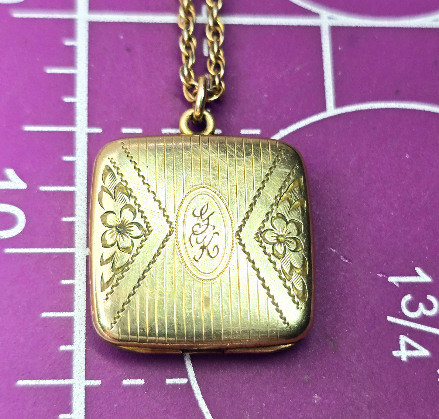 Pittman & Keeler vintage P&K gold filled square etched photo locket necklace
