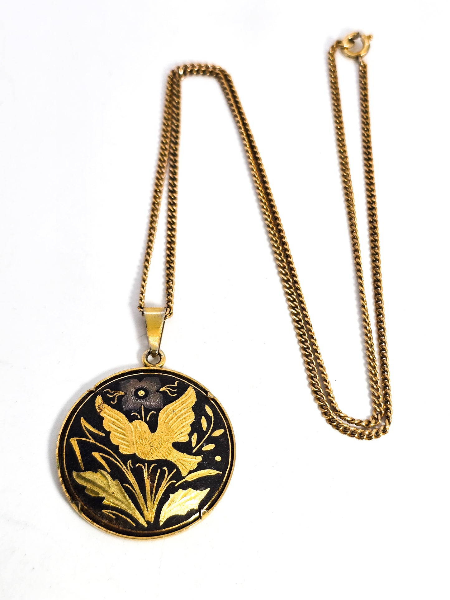 Damascene Flying swallow Black and Gold toned vintage bird necklace