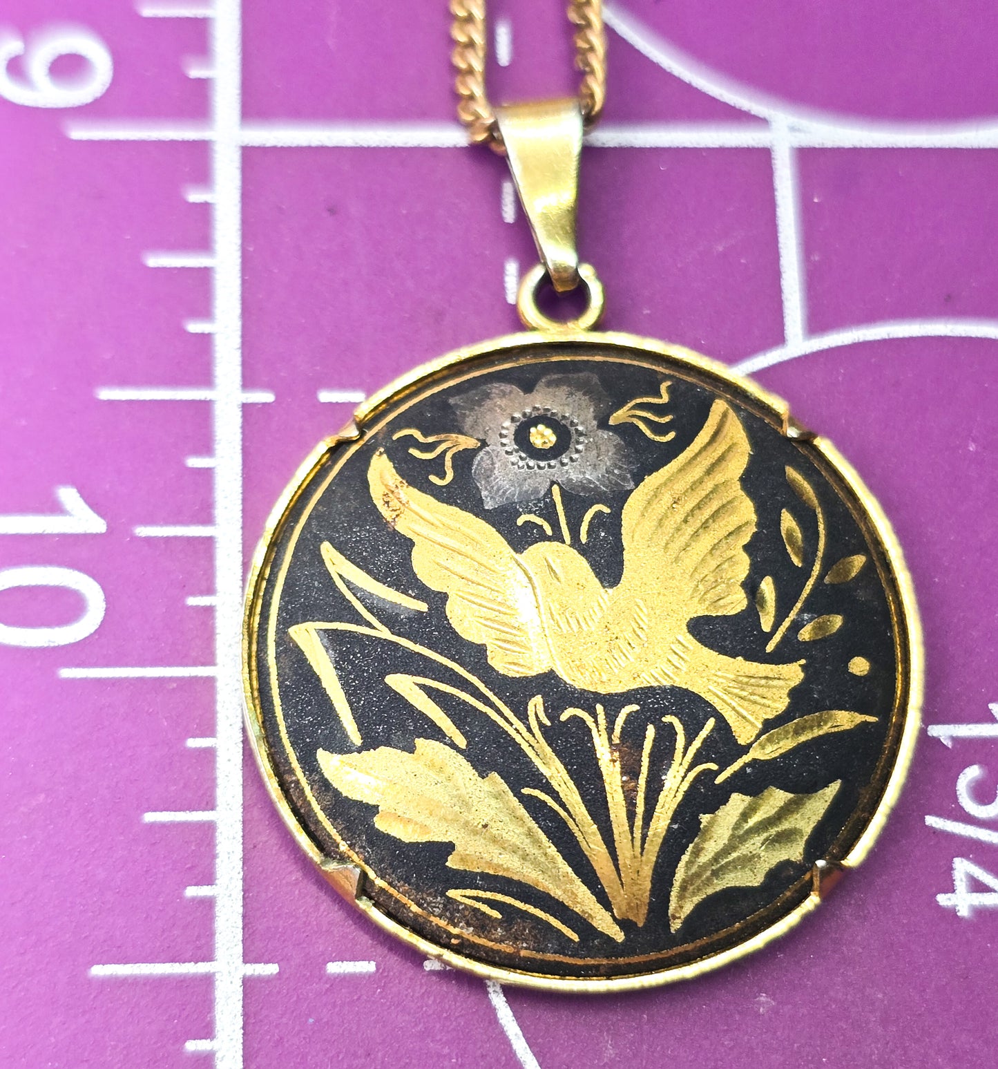 Damascene Flying swallow Black and Gold toned vintage bird necklace