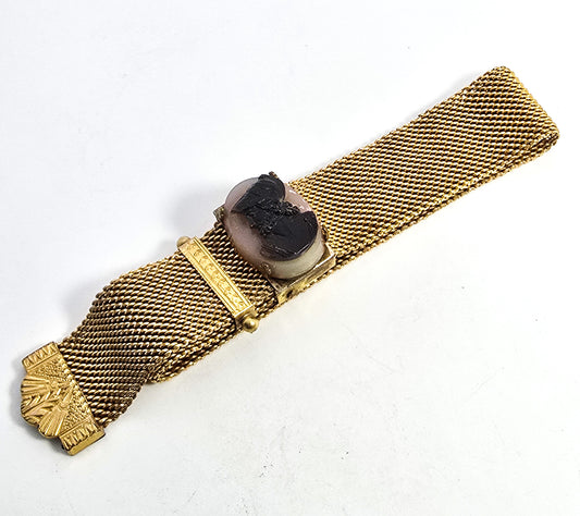 Victorian Sardonyx stone cameo antique mesh gold filled slider bracelet