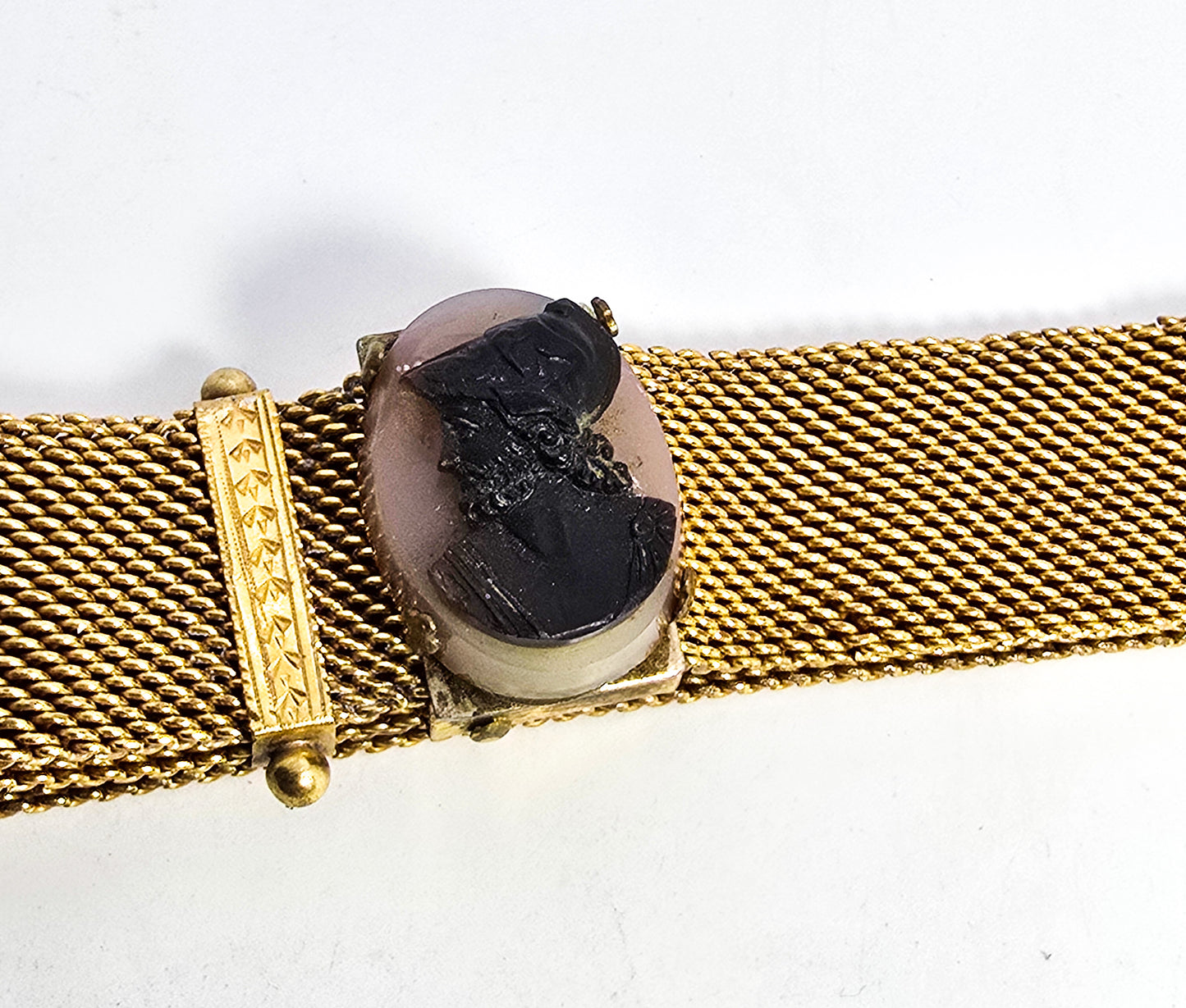 Victorian Sardonyx stone cameo antique mesh gold filled slider bracelet