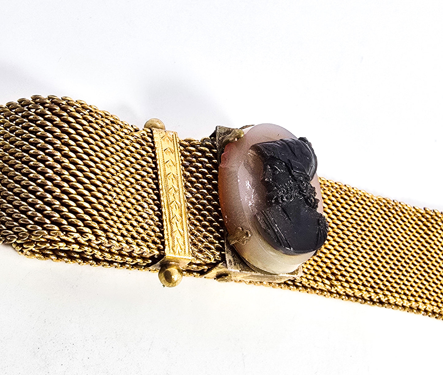 Victorian Sardonyx stone cameo antique mesh gold filled slider bracelet
