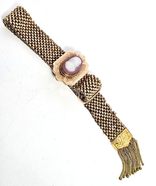 Victorian Sardonyx stone cameo antique mesh gold filled slider tassel bracelet