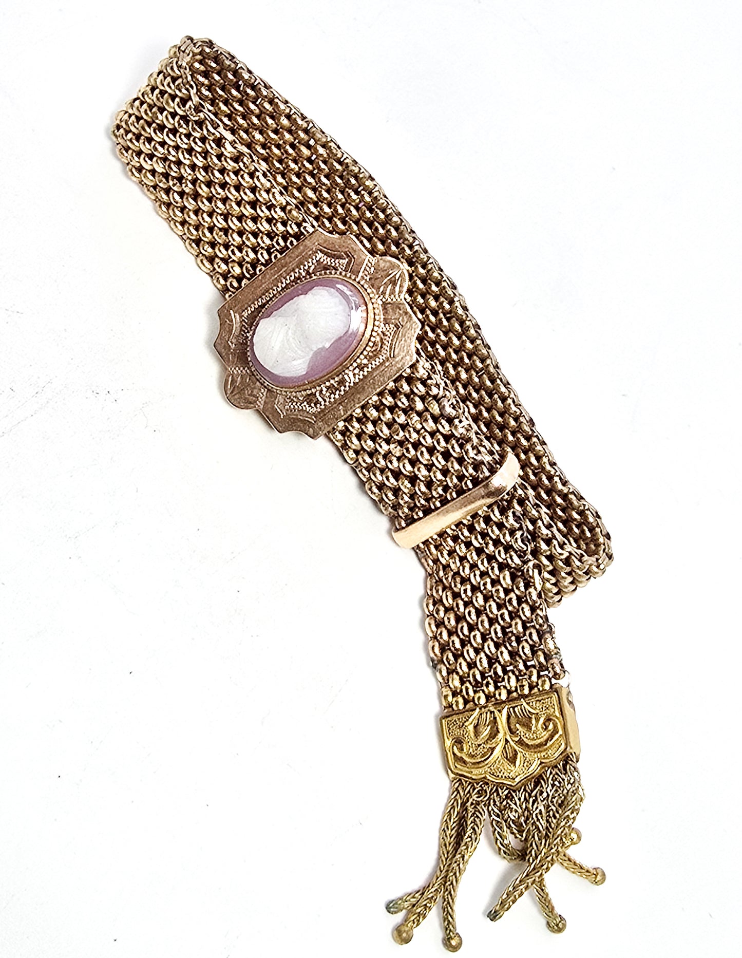 Victorian Sardonyx stone cameo antique mesh gold filled slider tassel bracelet