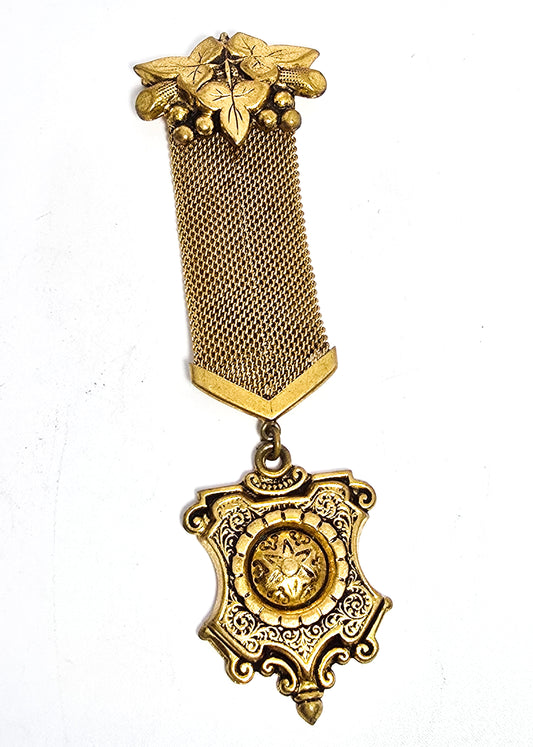 Victorian antique mesh gold filled leaf berry memento mori mourning brooch
