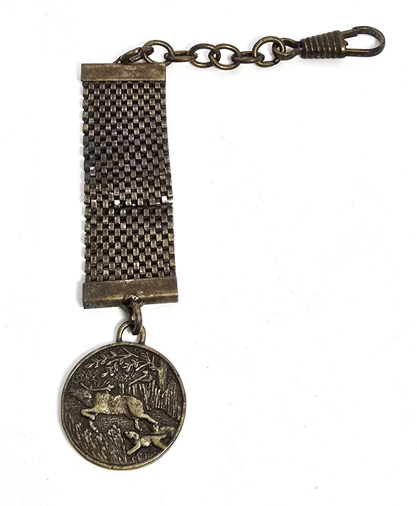 Westclox mesh brass full hunting moose and dog vintage watch fob