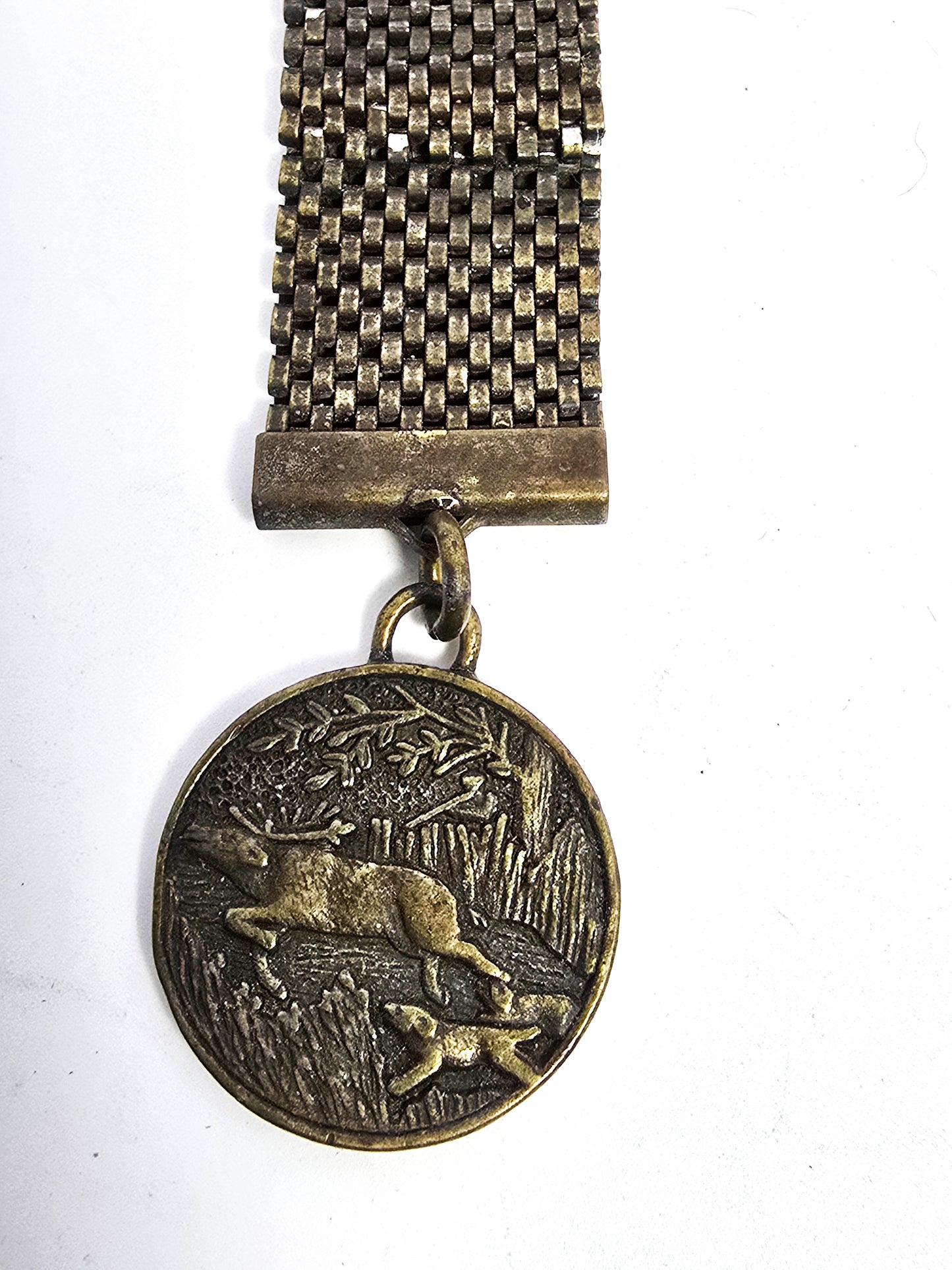 Westclox mesh brass full hunting moose and dog vintage watch fob
