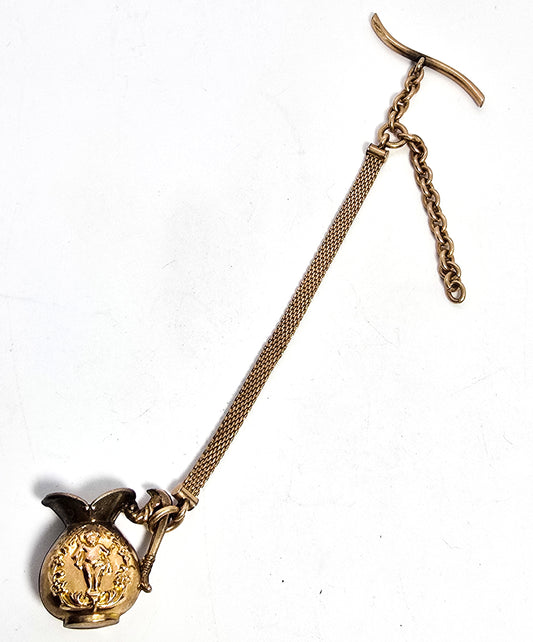 Victorian antique mesh gold filled cupid putti wine pitcher T bar button hole watch fob