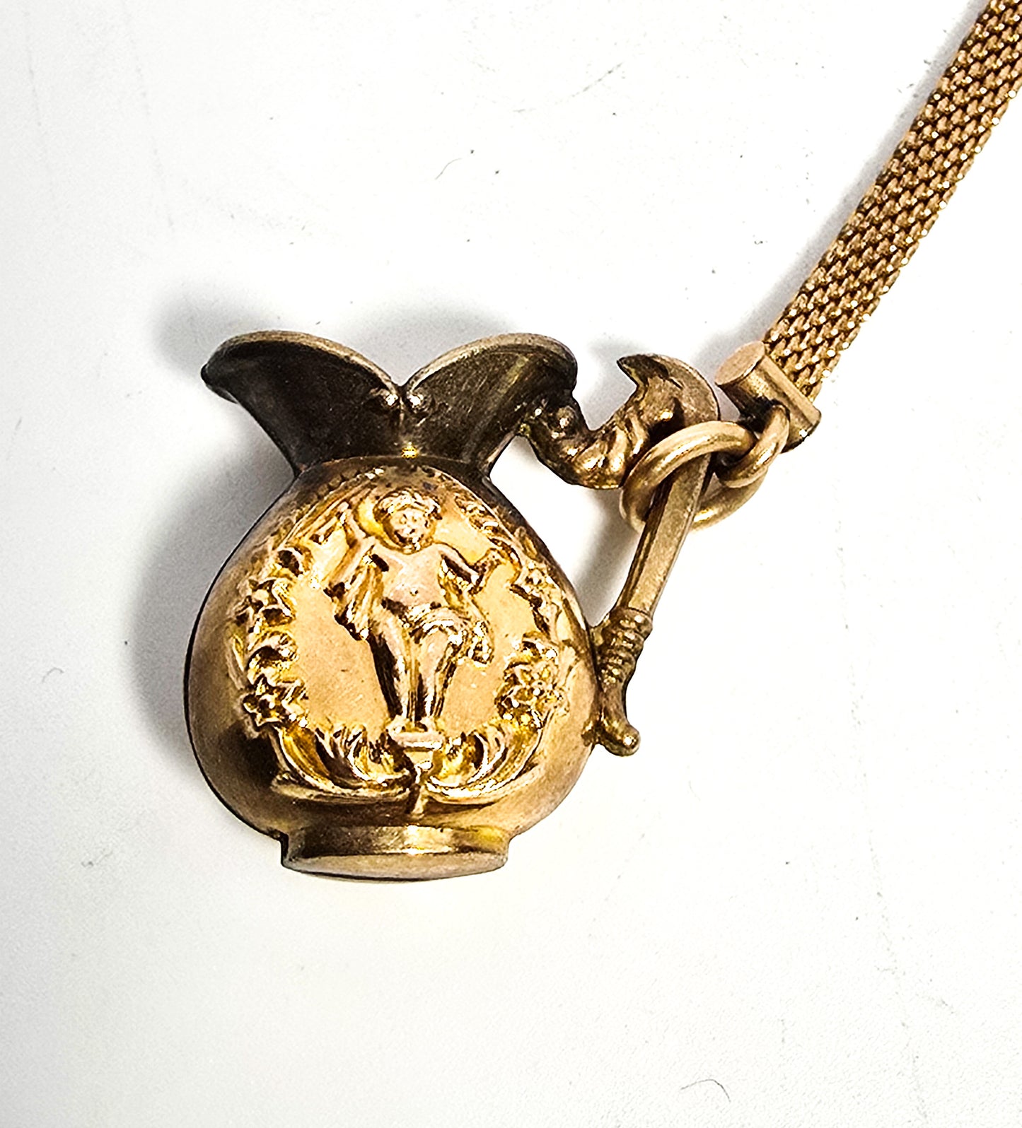 Victorian antique mesh gold filled cupid putti wine pitcher T bar button hole watch fob