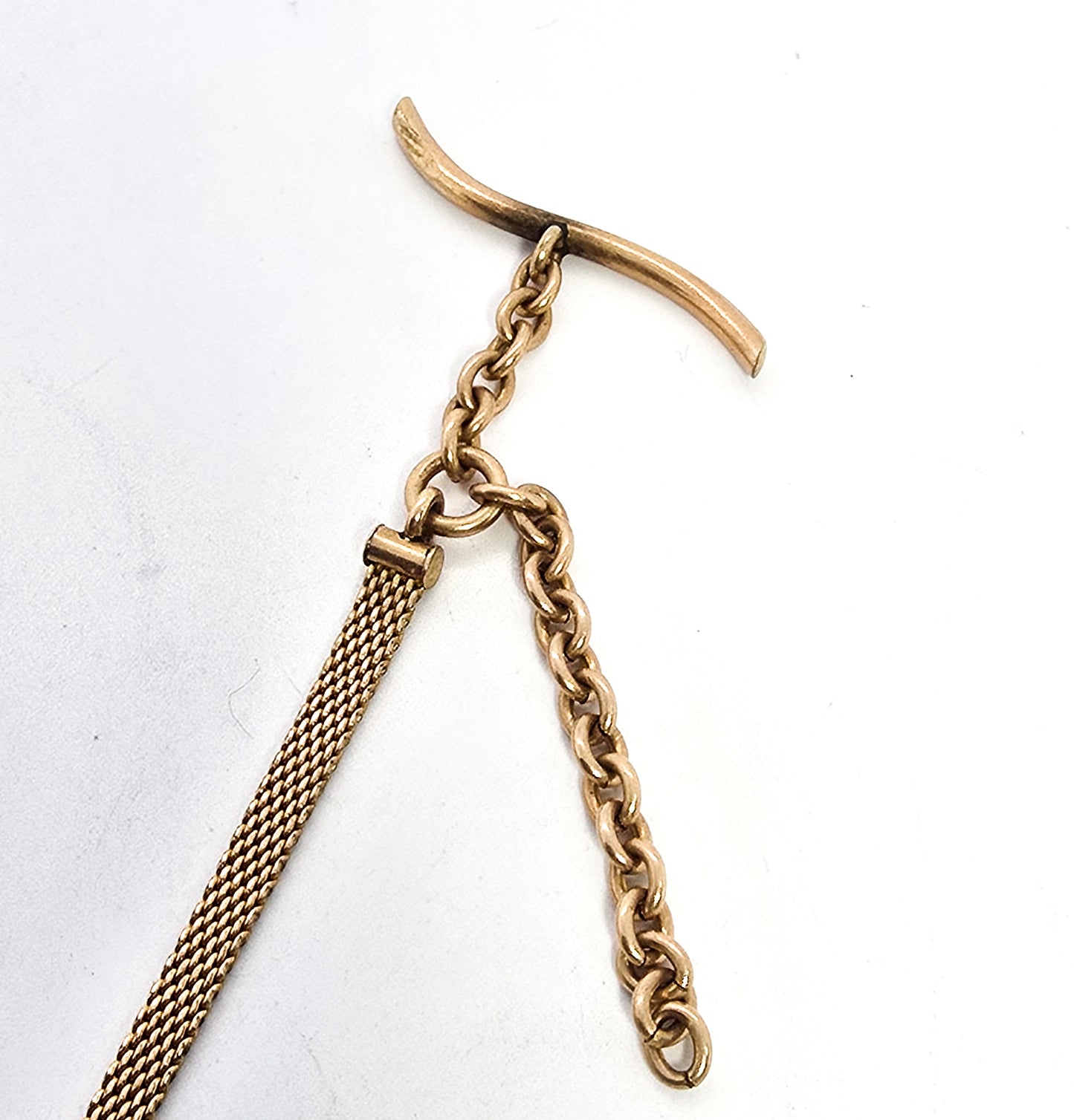 Victorian antique mesh gold filled cupid putti wine pitcher T bar button hole watch fob