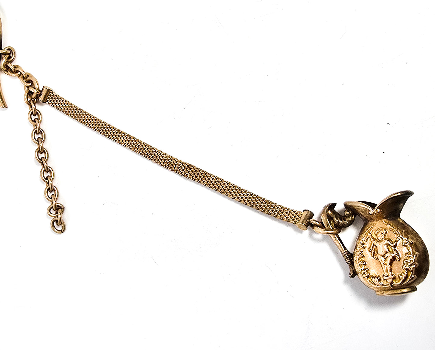 Victorian antique mesh gold filled cupid putti wine pitcher T bar button hole watch fob