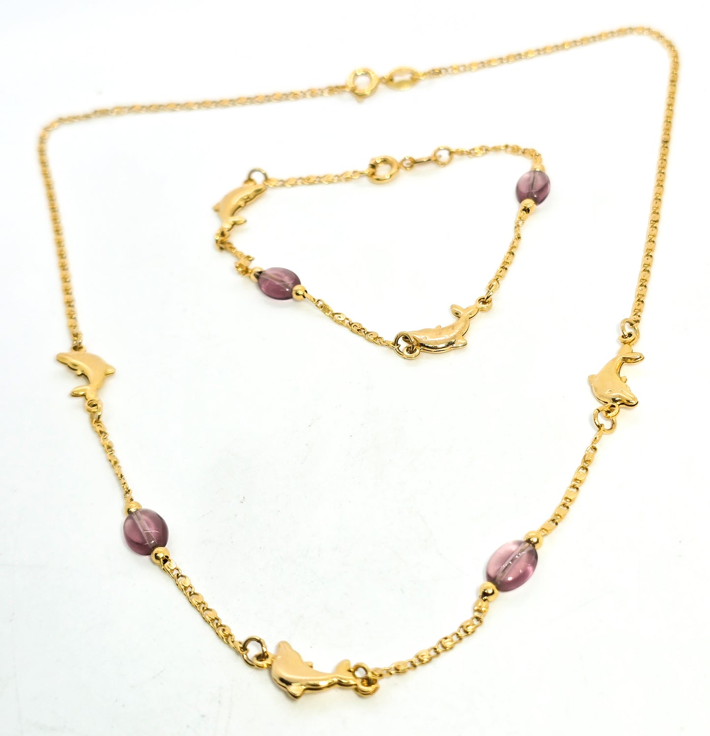 Miami 18k gold filled vintage dolphin purple glass beaded necklace and bracelet set