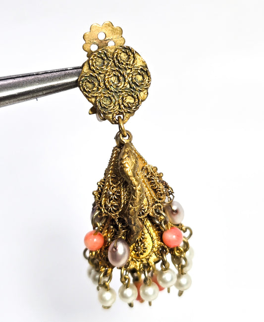 Snake Angel skin Coral pearl beaded vintage long drop chandelier clip earrings