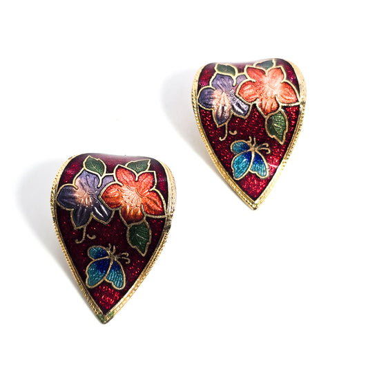 Retro Red Enamel flower and butterfly vintage wave clip on earrings