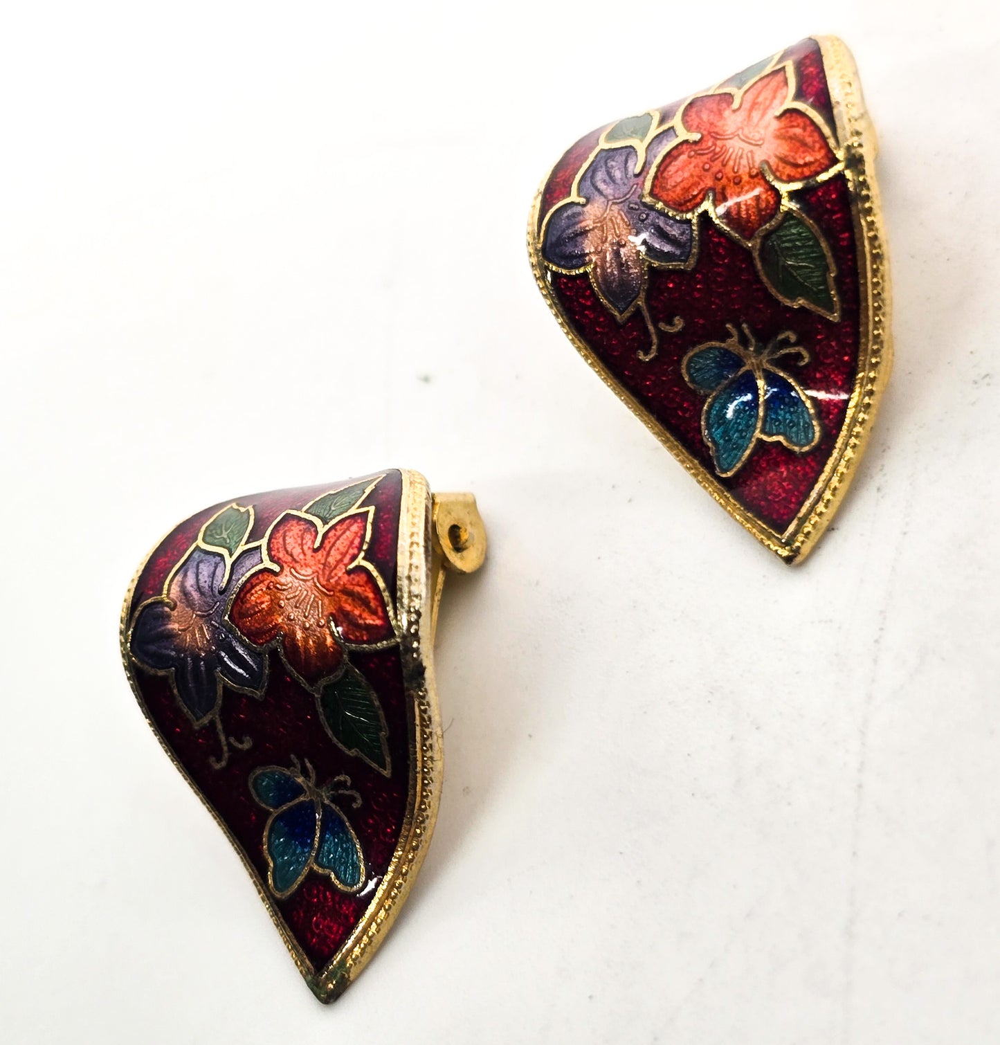 Retro Red Enamel flower and butterfly vintage wave clip on earrings
