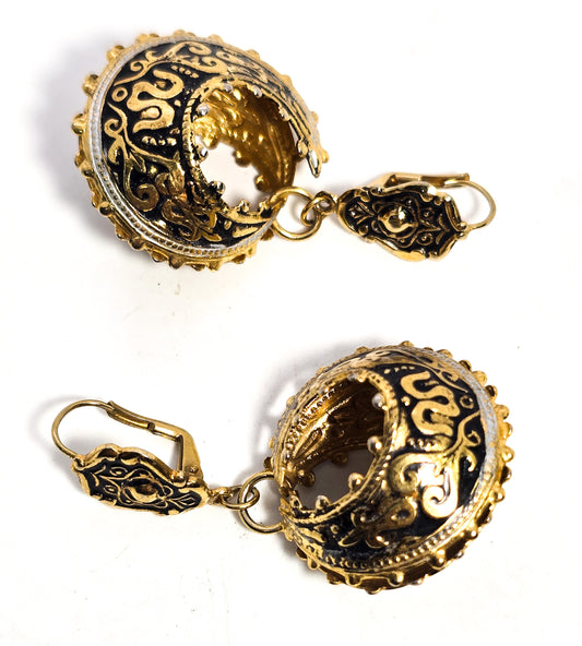 Spanish Damascene black and silver enamel vintage drop hoop lever back earrings