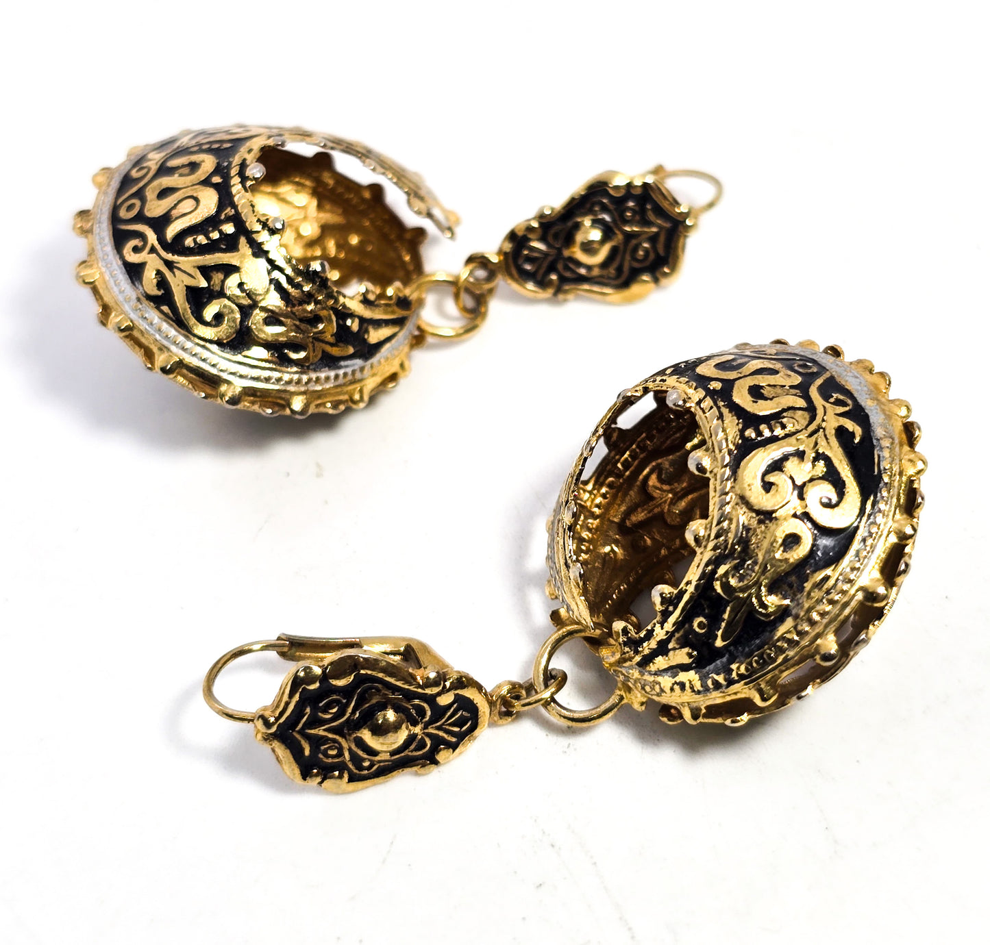 Spanish Damascene black and silver enamel vintage drop hoop lever back earrings