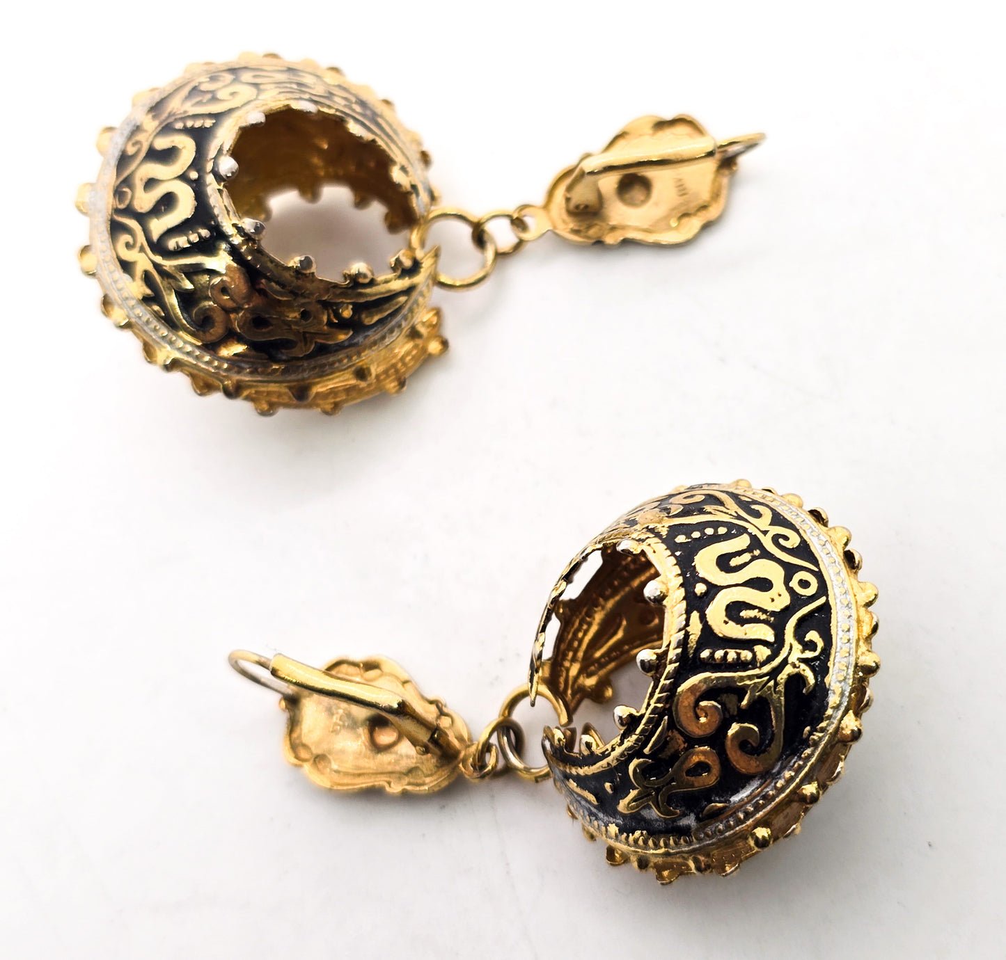 Spanish Damascene black and silver enamel vintage drop hoop lever back earrings
