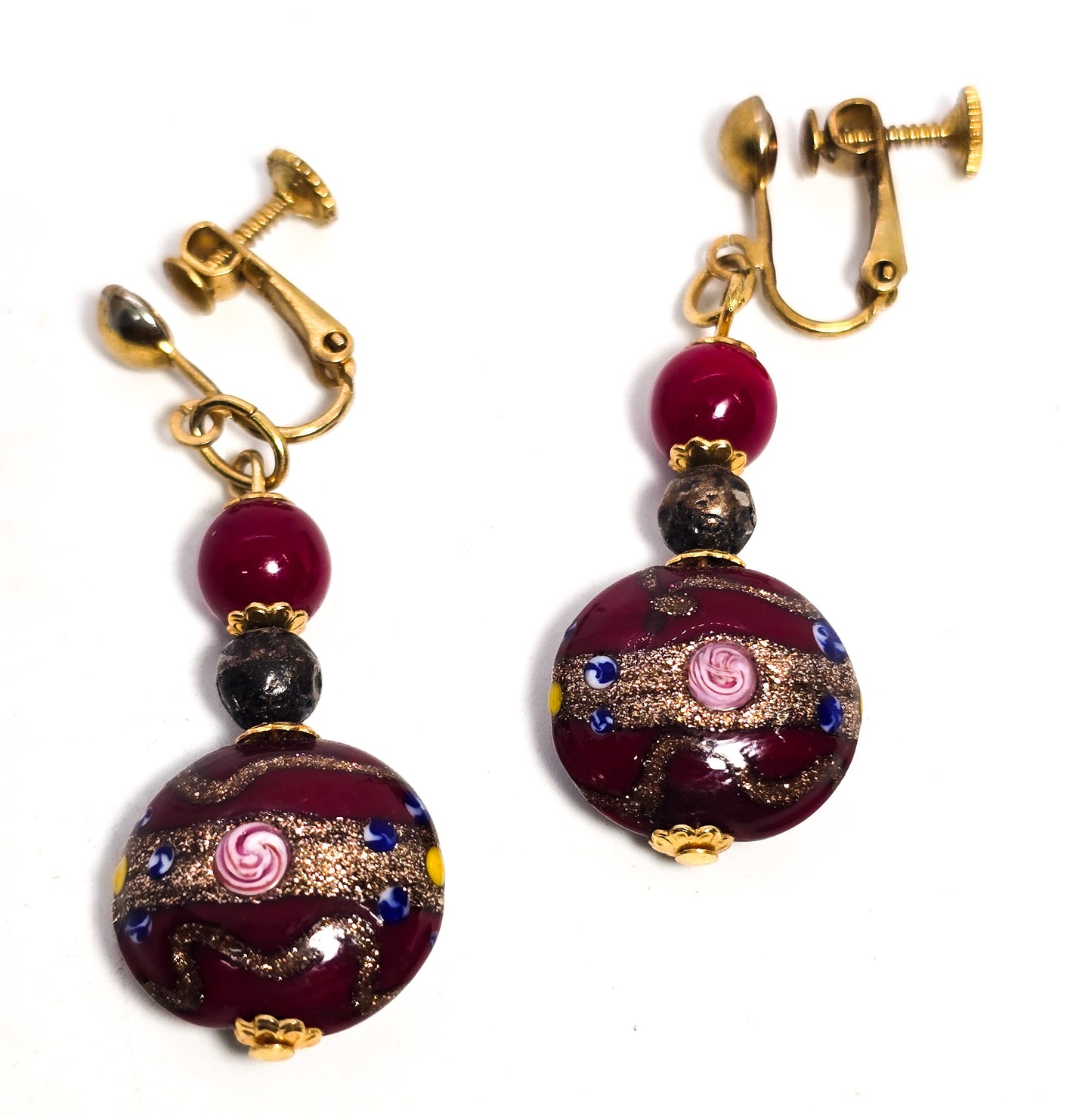 Red Wedding cake Venetian lamp work vintage aventurine glass screw back earrings