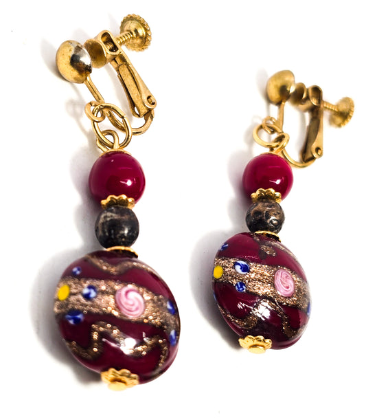 Red Wedding cake Venetian lamp work vintage aventurine glass screw back earrings