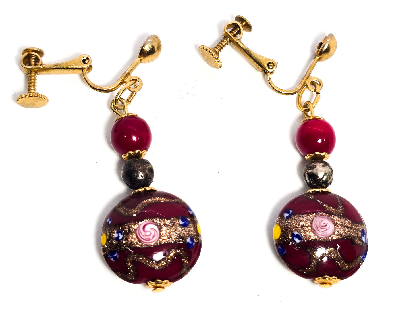 Red Wedding cake Venetian lamp work vintage aventurine glass screw back earrings