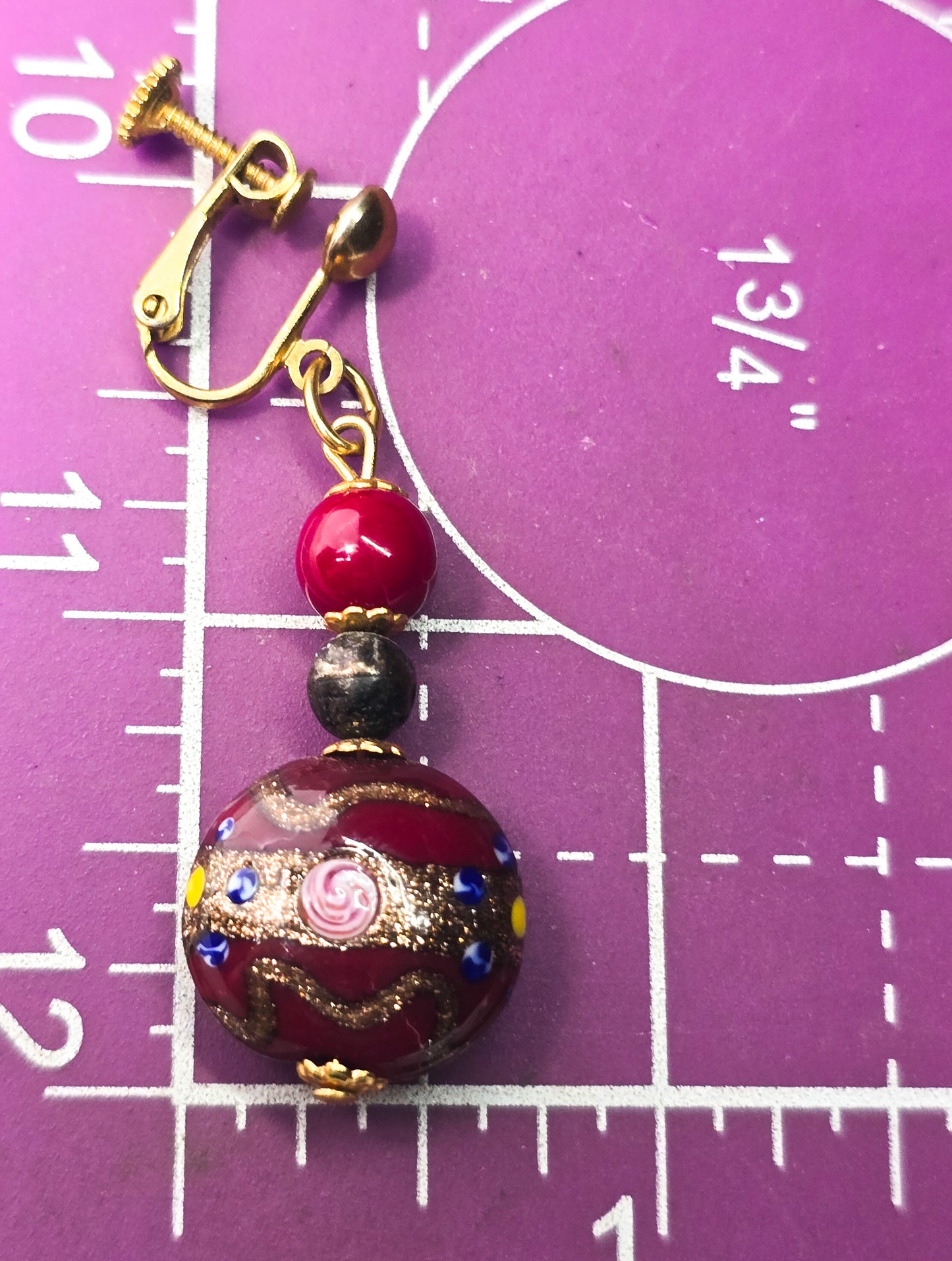 Red Wedding cake Venetian lamp work vintage aventurine glass screw back earrings