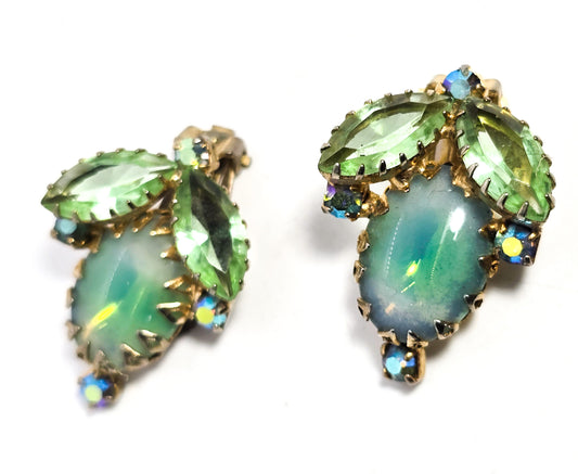 Schreiner Green Opaline Aurora Borealis vintage dogtooth rhinestone earrings