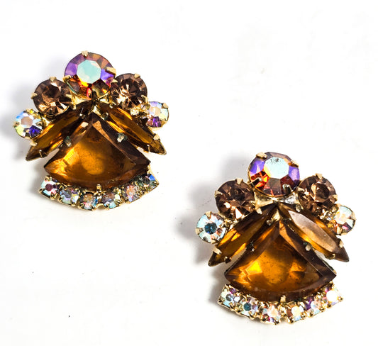 Juliana DeLizza & Elster amber Aurora borealis pie cut rhinestone clip on earrings