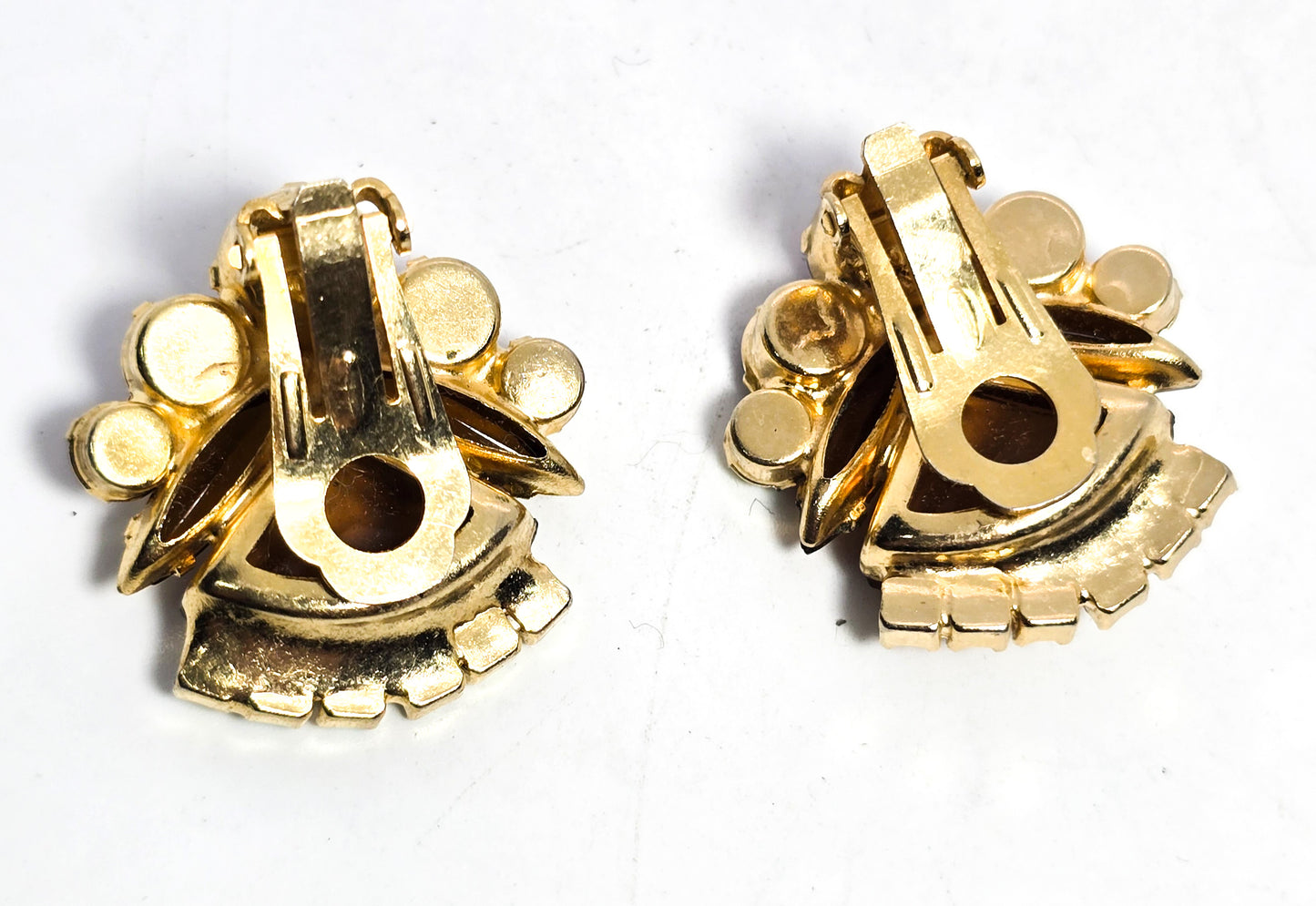 Juliana DeLizza & Elster amber Aurora borealis pie cut rhinestone clip on earrings