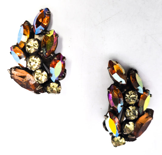 Aurora Borealis Navette rhinestone jonquil yellow vintage clip on earrings
