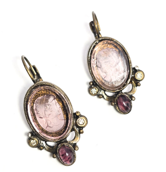 Victorian-Style Intaglio Cameo Amethyst Glass & rhinestone vintage earrings