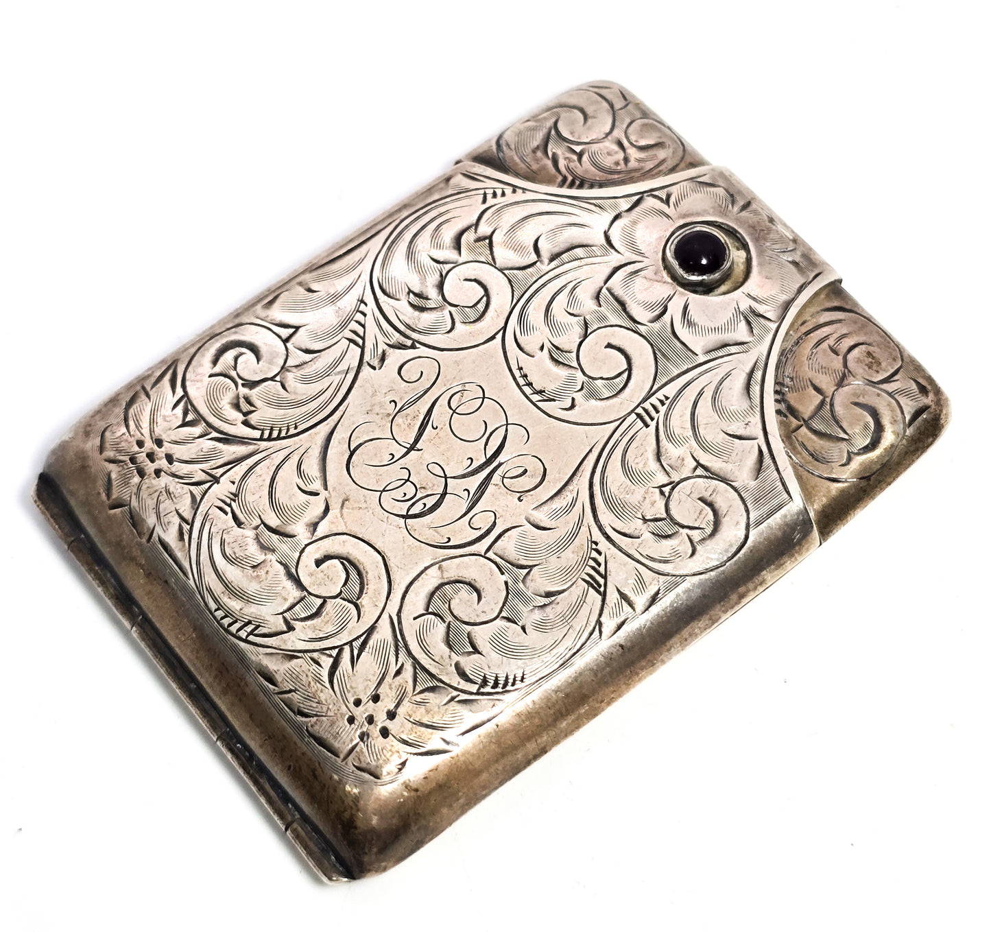 Victorian etched flower hinged antique sterling silver match card safe red button